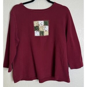 Vintage Christopher Banks Large Burgundy Embroidered Patchwork Top Shirt Cottage